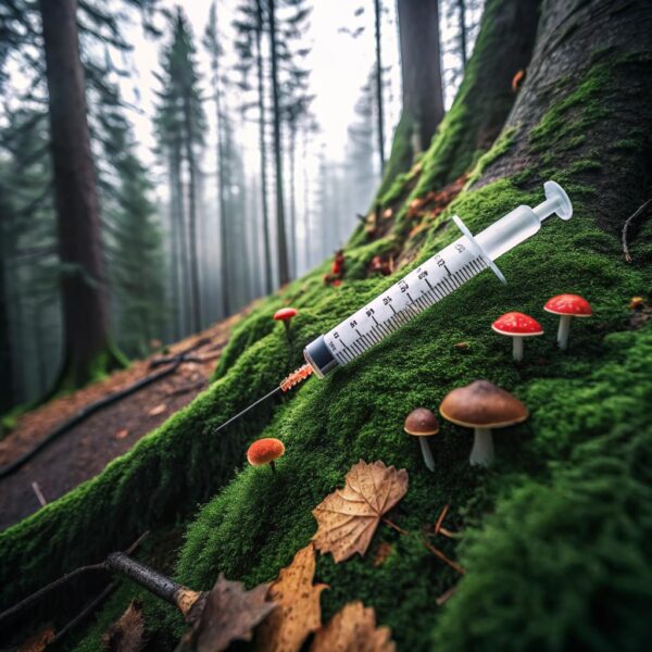 Magical mushroom spore syringe lying on a beg of moss surrounded by mushrooms in a UK woodland.