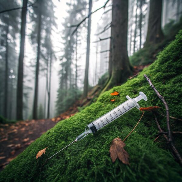 Magical mushroom spore syringe lying on a beg of moss surrounded by mushrooms in a UK woodland.