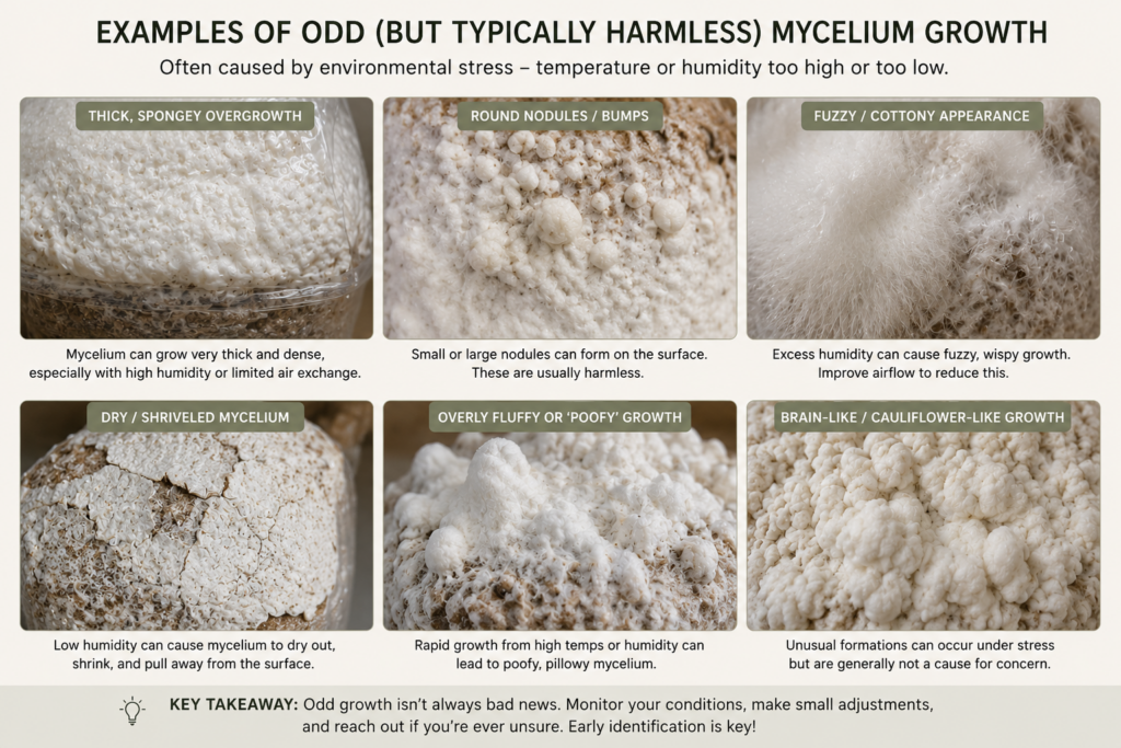 Six images of odd growth and what they may mean. They aren't harmful, but can lead to stress-based contamination or lack of fruiting.