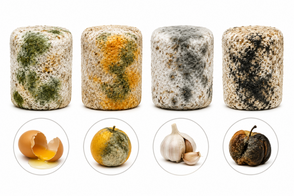 Four projects and what they may smell like. Left to right: Rotton eggs, rotten fruit, garlic, rotten vegetables.