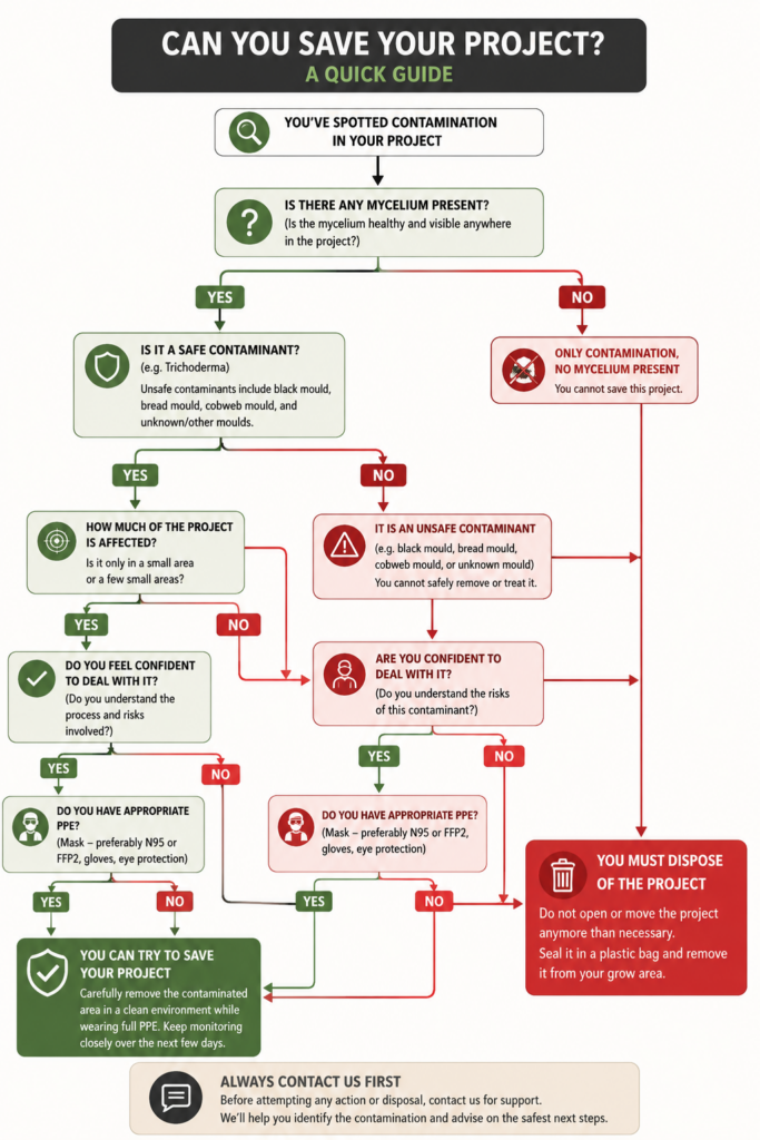 Flow chart describing the criteria for if you can safely help and support a contaminated project.
