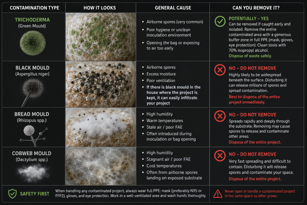 Table showing different images of contamination, if you can safely remove it and how.